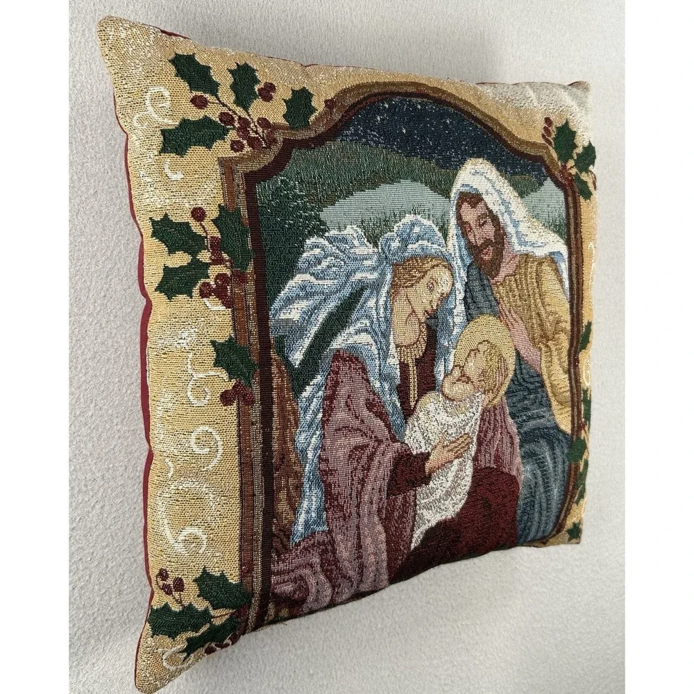 VTG Christmas Tapestry Pillow Nativity Scene Mary Joseph Jesus Large 15